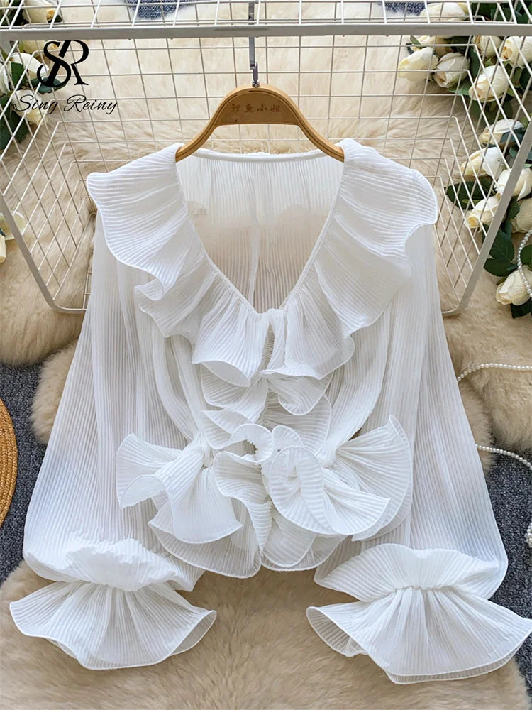 SINGREINY Ruffles Pleated Romantic Tops Thin Spring Summer V Neck.