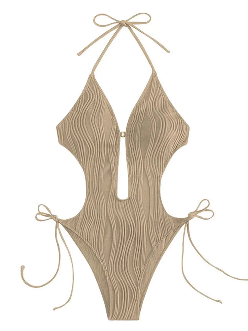 Sexy Halter V Neck Wrinkled Female Swimwear One Piece Swimsuit Women.