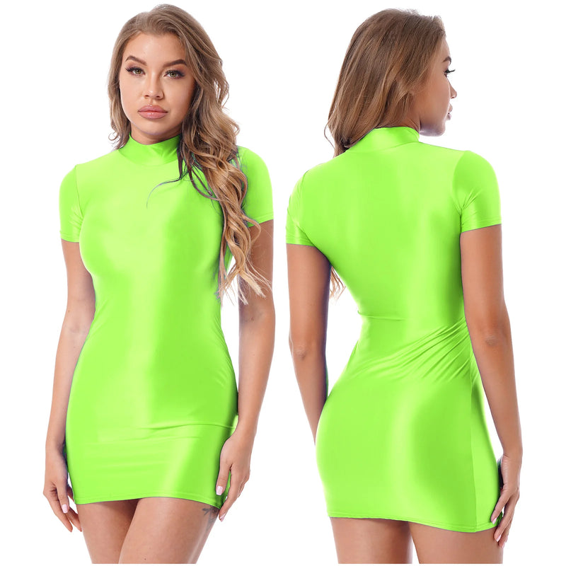 Women’s Oil Glossy Tights Mini Dress Sexy Party Clubwear.