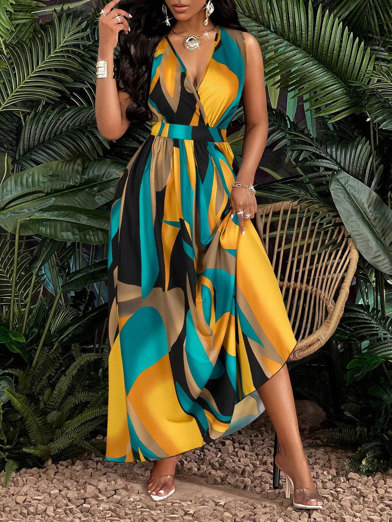 Women’s Tropical Print V-Neck Waist Section Cable Knit Fit And Flare Dress.