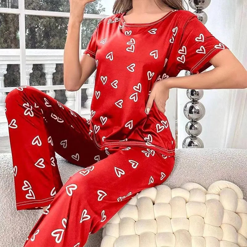 Ladies Pyjamas Dark Pink Letter Printed Short Sleeved T-shirt and Pants.