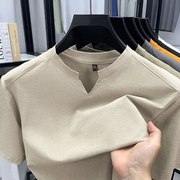 Korean Men's Casual and Fashionable Small V-neck Solid Color Short Sleeved T-shirt.