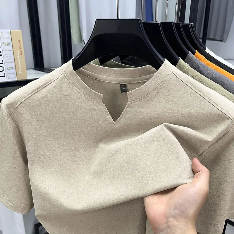 Korean Men's Casual and Fashionable Small V-neck Solid Color Short Sleeved T-shirt.