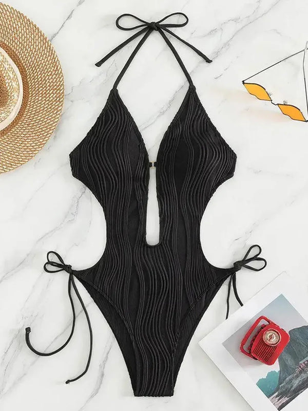 Sexy Halter V Neck Wrinkled Female Swimwear One Piece Swimsuit Women.