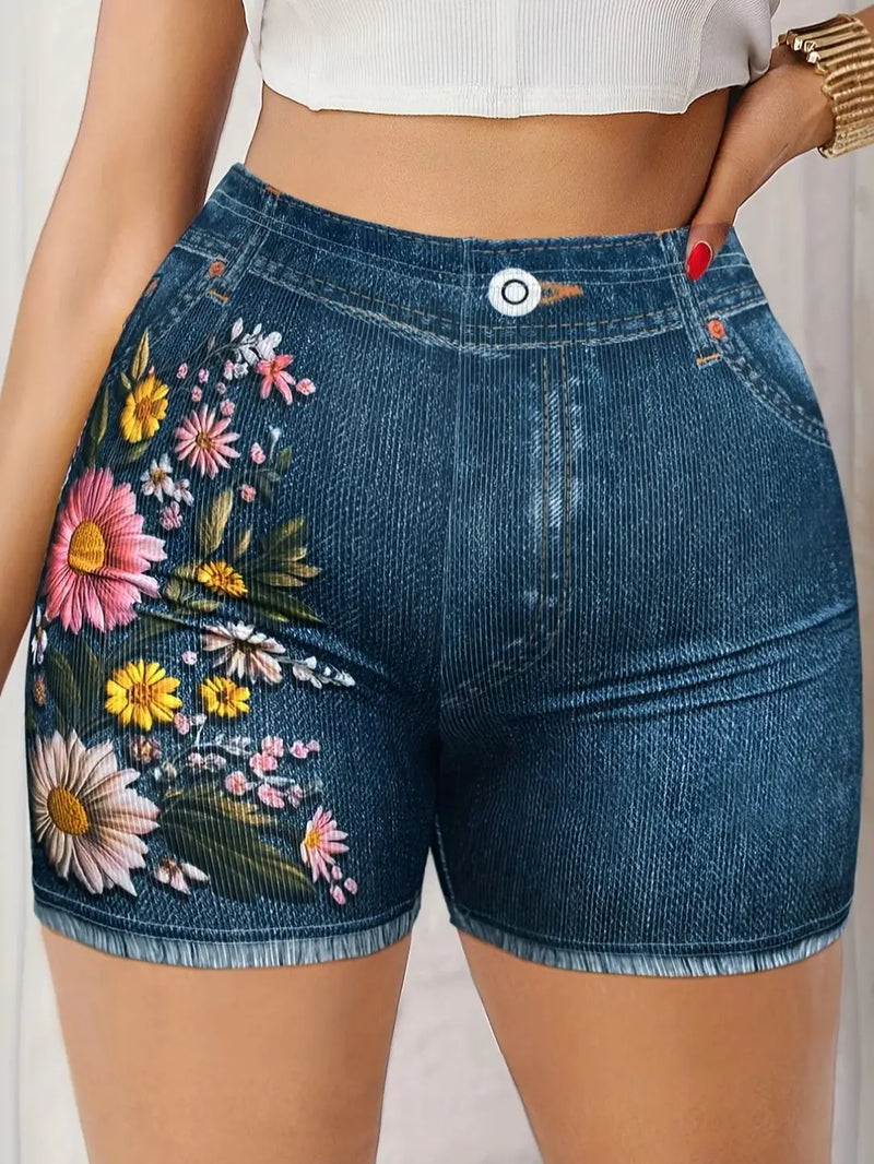 Women's Stretch Denim Like Shorts with Floral Print Design.