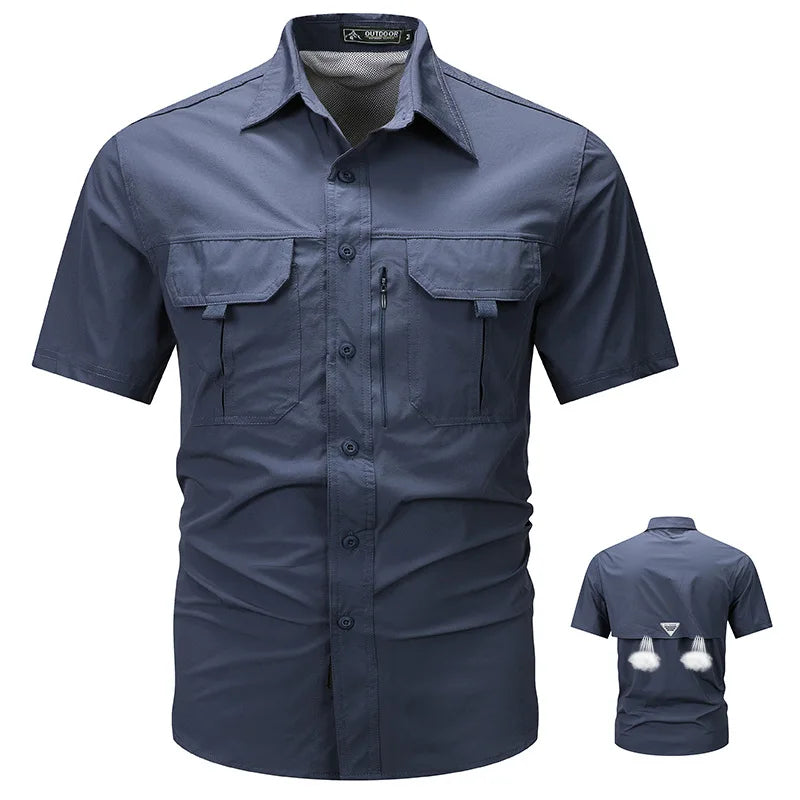 Men's short sleeved shirt, ice silk quick drying lapel workwear.
