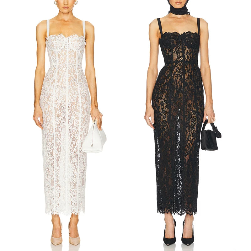 Black Lace Patwork Sleeveless Maxi Dress for Women.