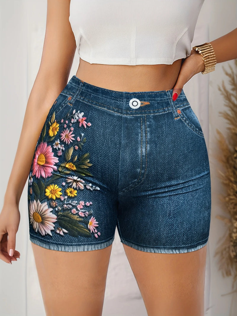 Women's Stretch Denim Like Shorts with Floral Print Design.