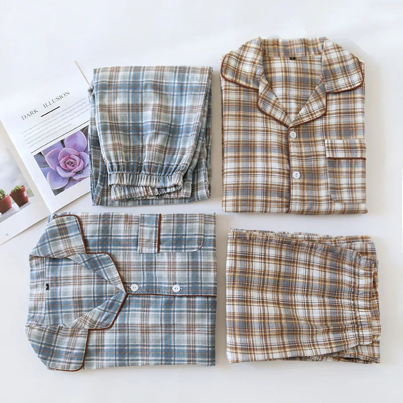 Men's Pajama Set Spring/Summer Checkered Simple Long sleeved Two Piece.