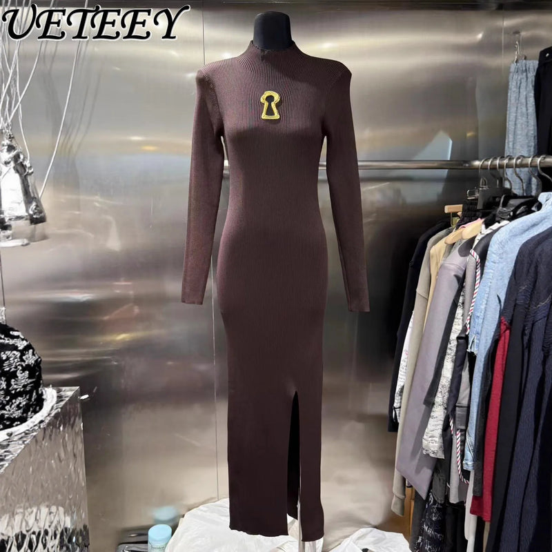 European Women Clothes Long Sleeve Waist-Cinching Knitted Long Dress.