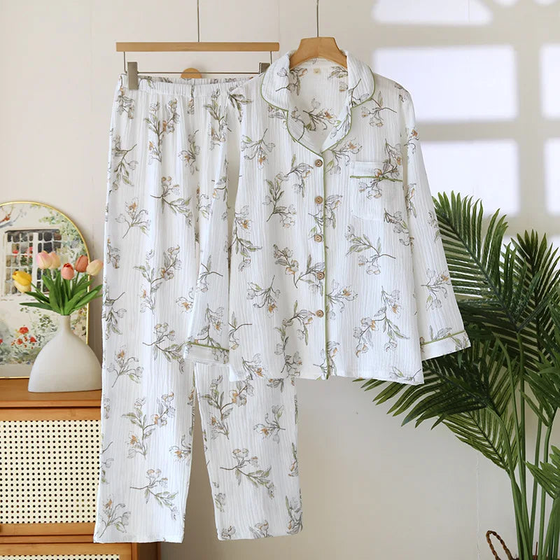 Women's Pajama SetCotton Crepe Cute Love Long Sleeve Long Pants.