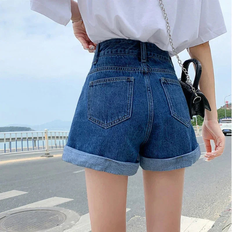 Summer Women Denim Shorts High Waist Blue Cotton Wide-leg Short.