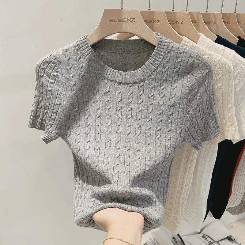 Summer Trendy Solid Color Versatile Tee Apricot O-Neck Women's Short Sleeve.