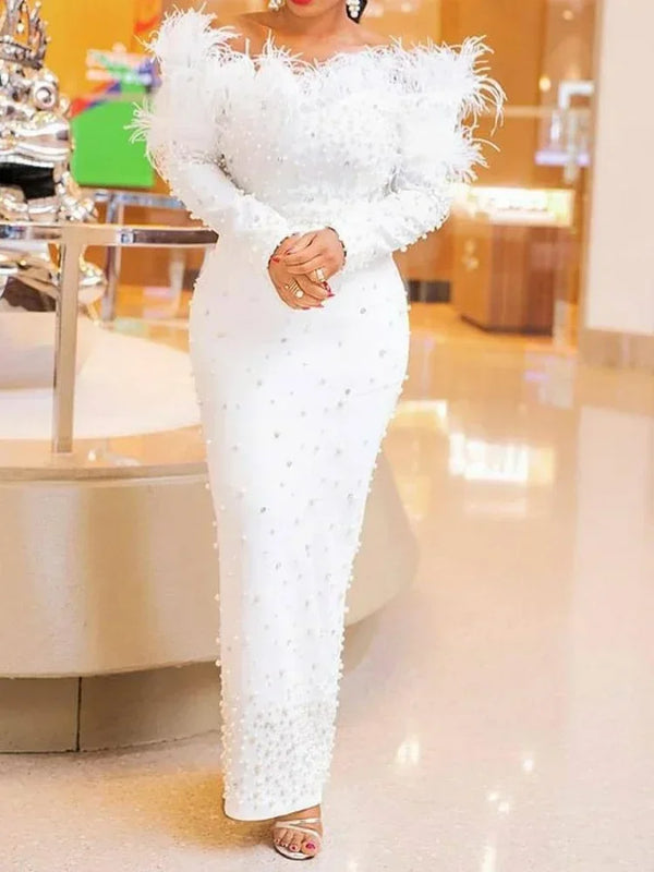 Feather White Dress Party Women Pearls Long Night Dresses.