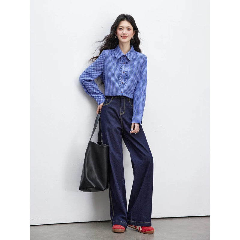 VIMLY Women's Plaid Shirt Spring New Ruffle Lapel Collar Contrast Button.