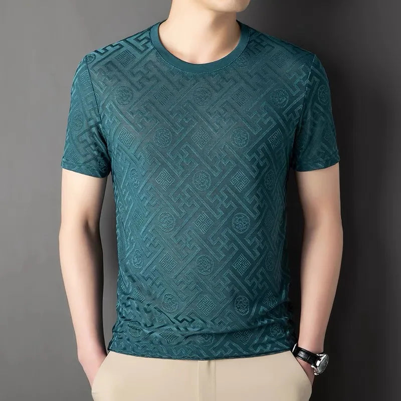 Men’s High end brand ice silk round neck short sleeve T-shirt summer.