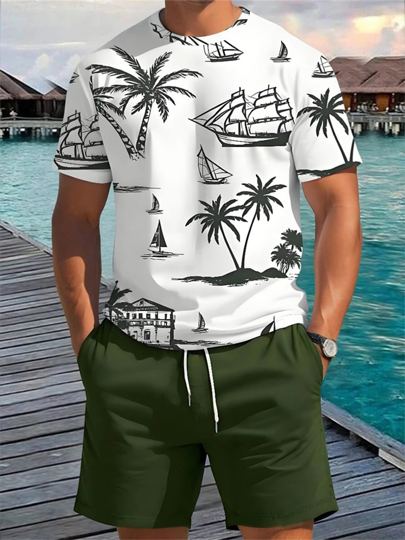 Summer Men's Short Sleeve Palm Tree Print T Shirt Fashion.