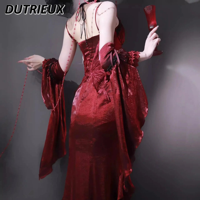 Women’s Red Rose Lolita Slimming Long Asymmetrical Fishtail Dress.