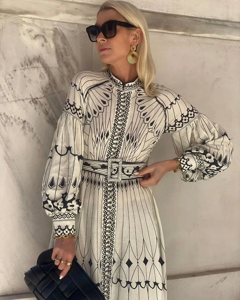 Retro Elegant Stand Collar Long Dress Women Spring Pattern Print.