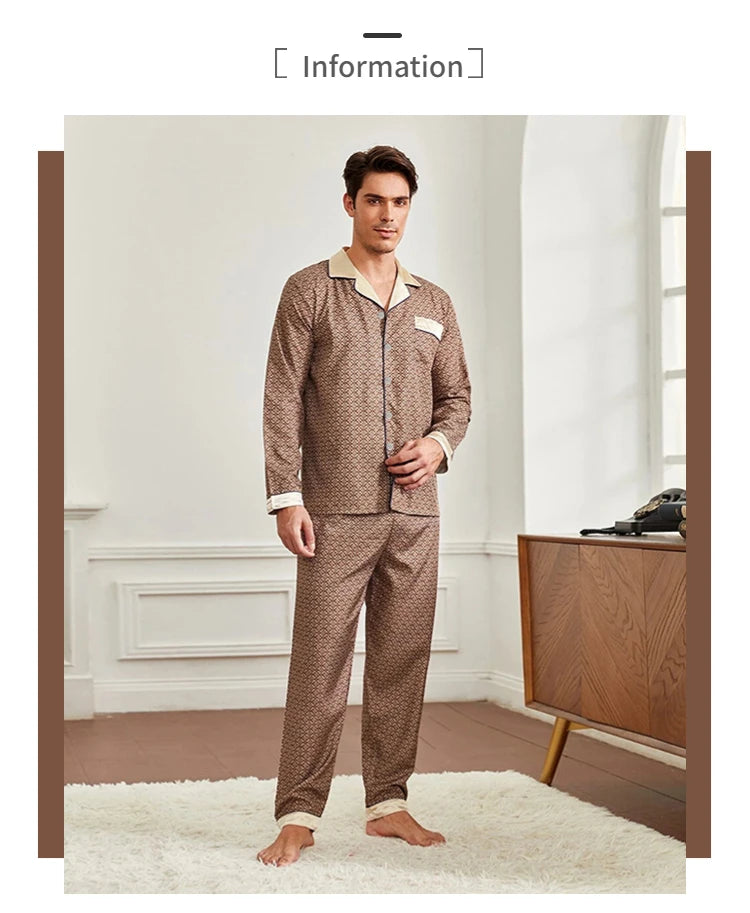 High Quality Pajamas Set Men Spring Autumn Thin Polyester Ice Silk Long-sleeved Sleepwear.