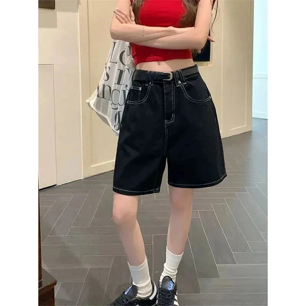 High-Waisted Straight-Leg Jeans Shorts for Women Summer.
