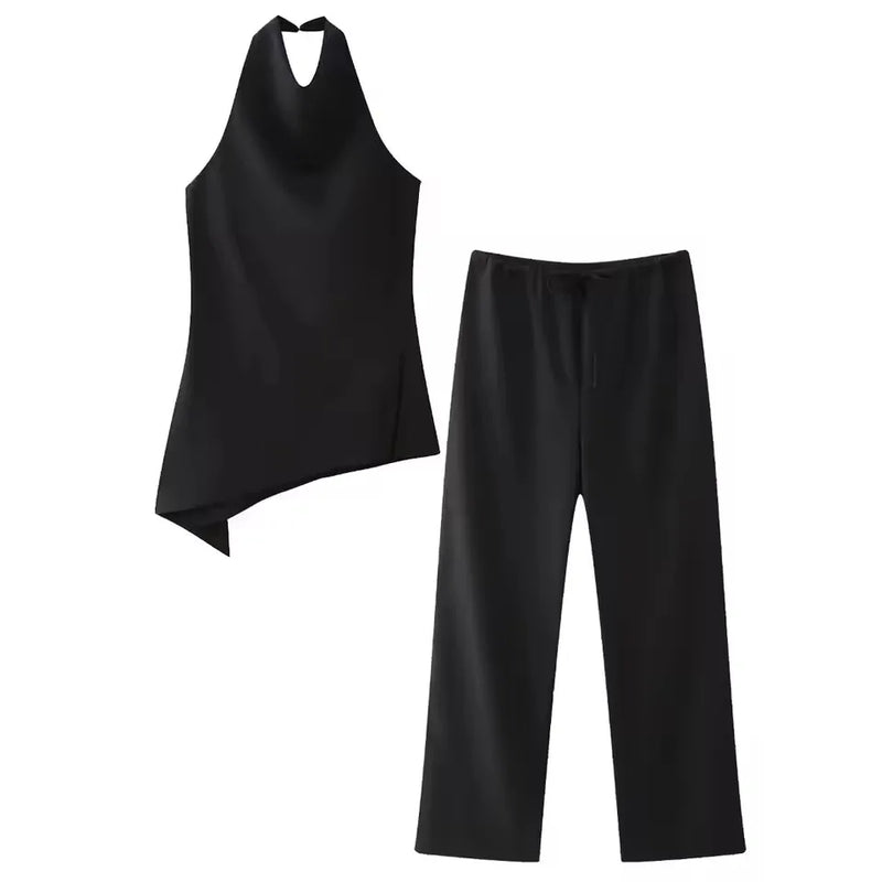 Womens Luxury Satin Two Piece Set Halter Neck Asymmetrical Top And Wide Leg Pant.