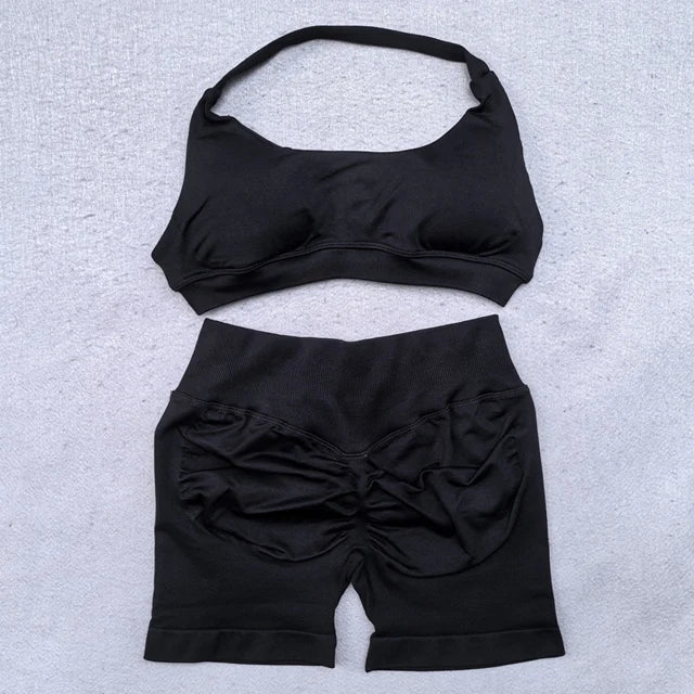 Shorts Set 2 Pieces Seamless Yoga Set Workout Tracksuit Women Halter Sport.