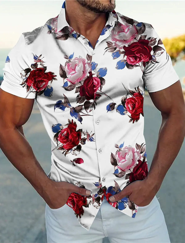 Summer Floral Rose 3D Print Shirts Men Fashion Shirt Casual Vintage.