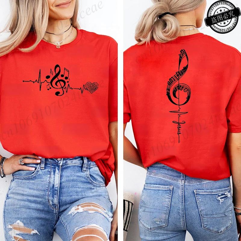 Musical Notes Printed T-Shirt for Women,Heartbeat Music Graphic Tee.