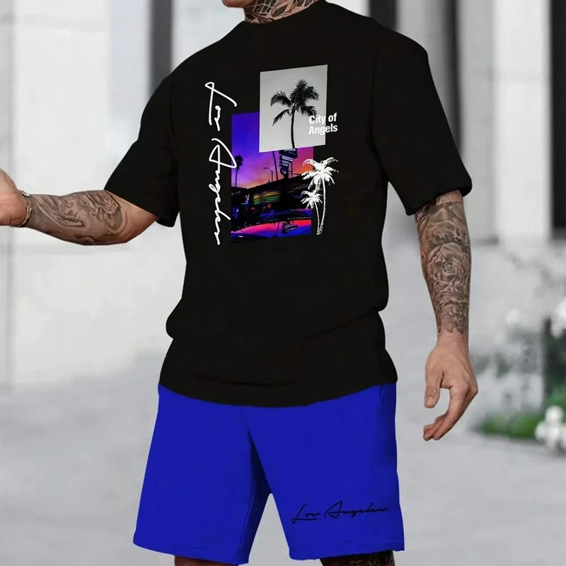Men's Suit Hawaiian Gradient Coconut Print Suit Summer Beach T-Shirt and Pants 2 Piece.