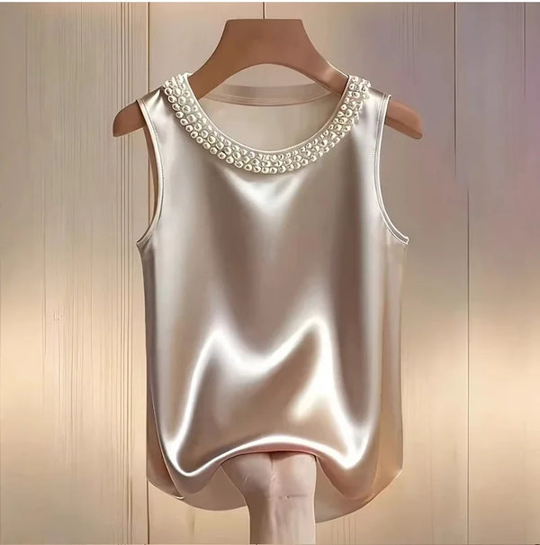 Elegant Satin Shirt Women Summer Bead Design Silk Blouse Women.