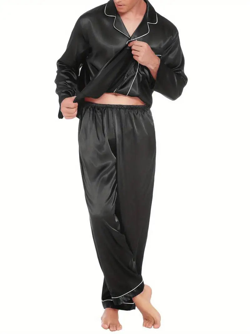 Men's Satin Pajama Set For Men Long Sleeve Button-down Top.