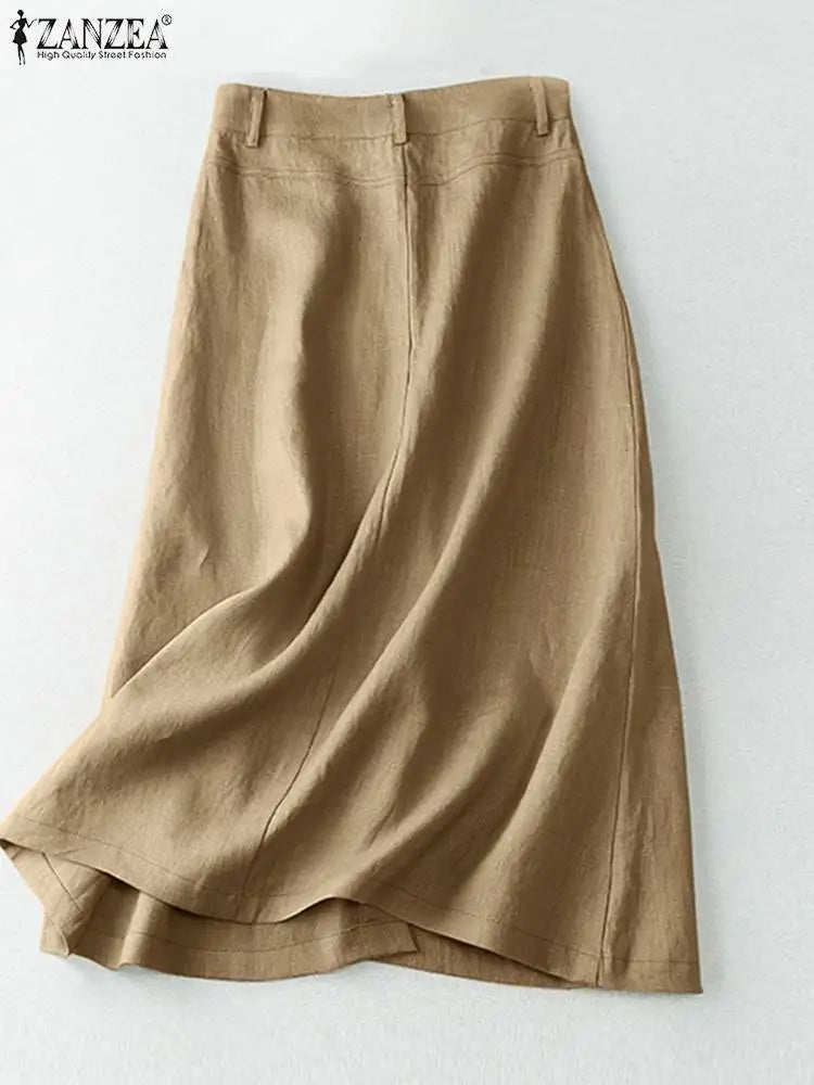 Elegant Cotton Midi Skirts Casual Button Up A-line Skirt Women High Waist.