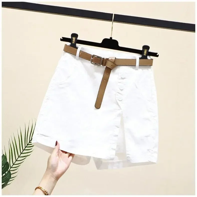 Solid Shorts Women Korean Fashion High Waist Side-slit Button Designed Chic.