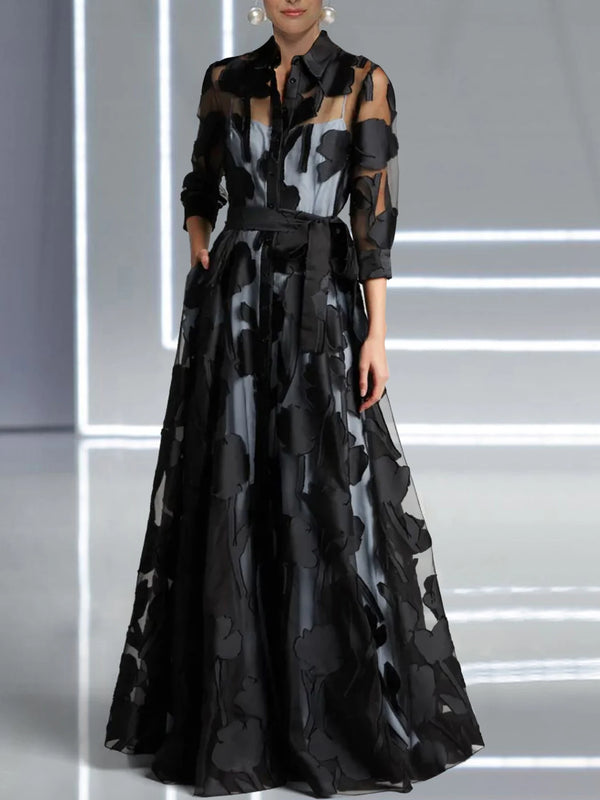 Elegant Three-Quarter Sleeve Knotted Waist Jacquard Mesh Maxi Dress for Women.
