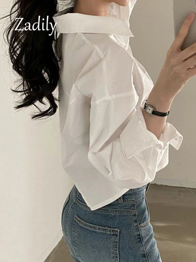 Casual Long Sleeve Women White Shirt Korea Style Solid Button Split.