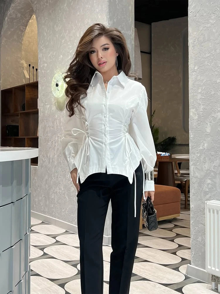Fashion Waist-cinching Lace Up Shirt Women Solid Lapel Long Sleeve.