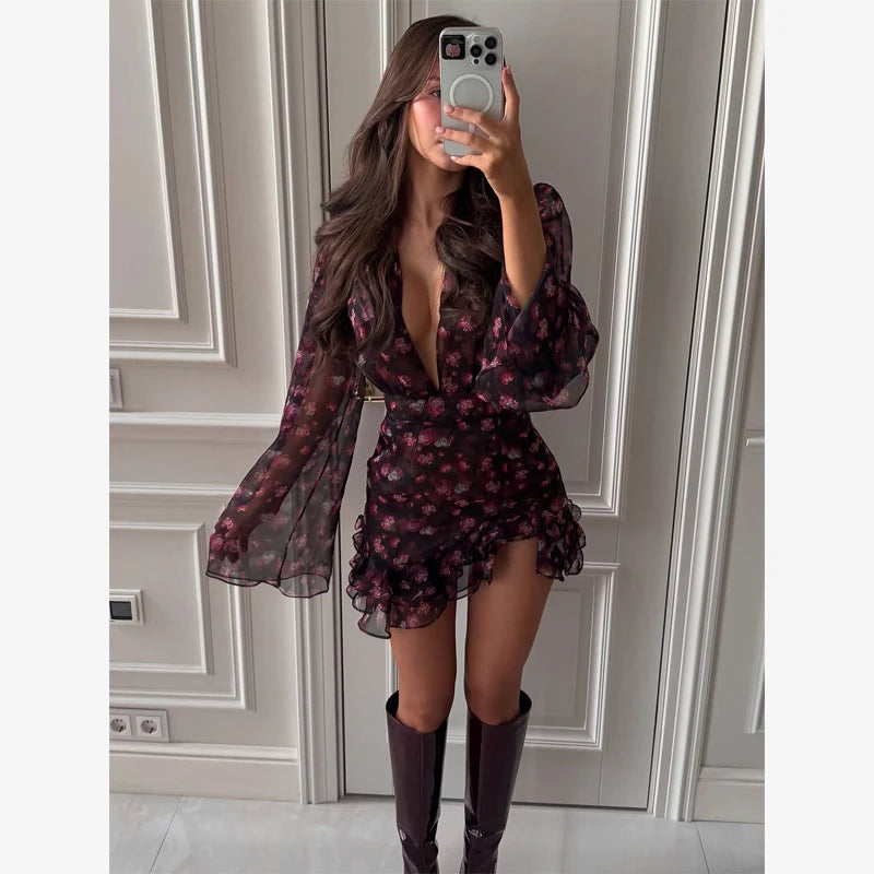 Lady Sexy Flora Painted Ruffle Slim Dress Women Chic.