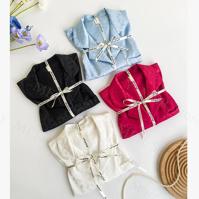 2PCS Pjs Sleepwear Women Summer New Pyjamas Suit Leopard Satin.