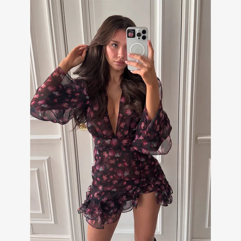Lady Sexy Flora Painted Ruffle Slim Dress Women Chic.