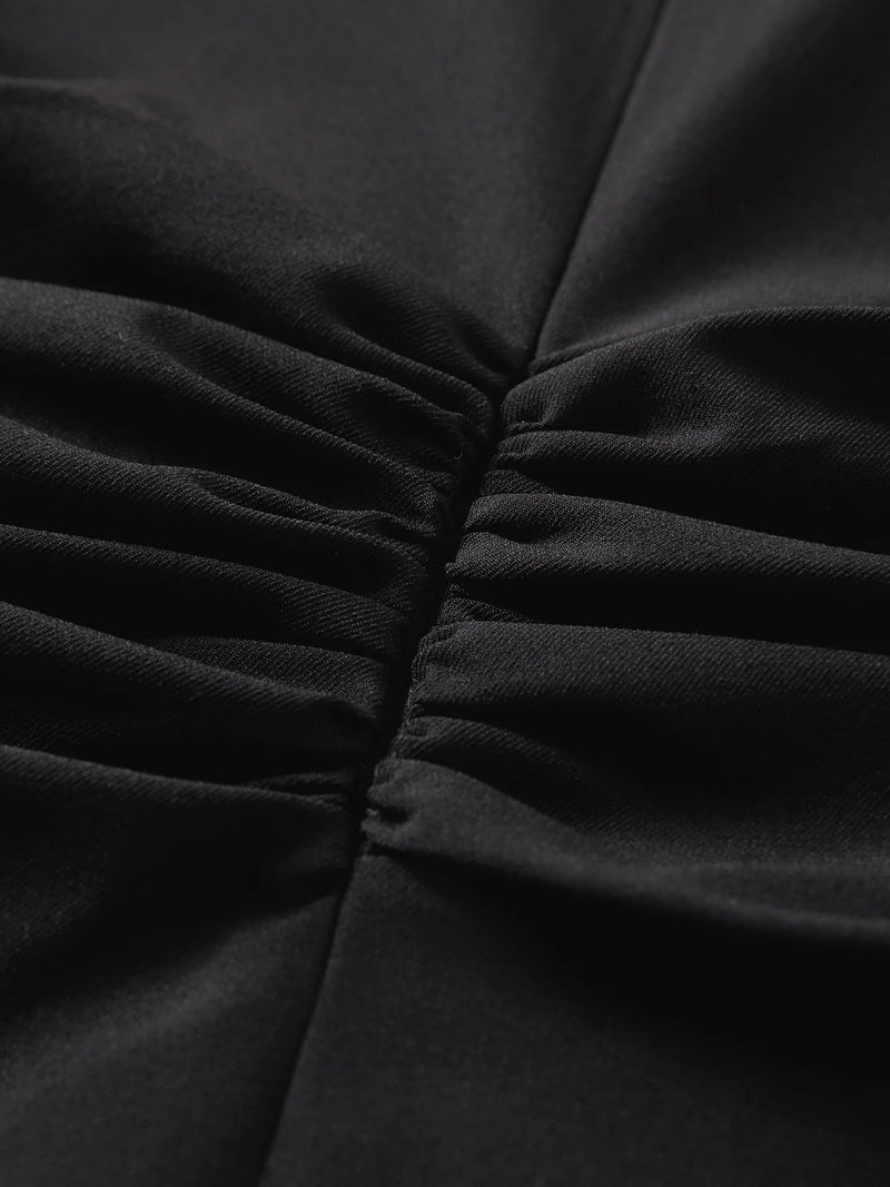 Women's Black Midi Dress, Crew Neck Short Sleeve Waist-Cinching.