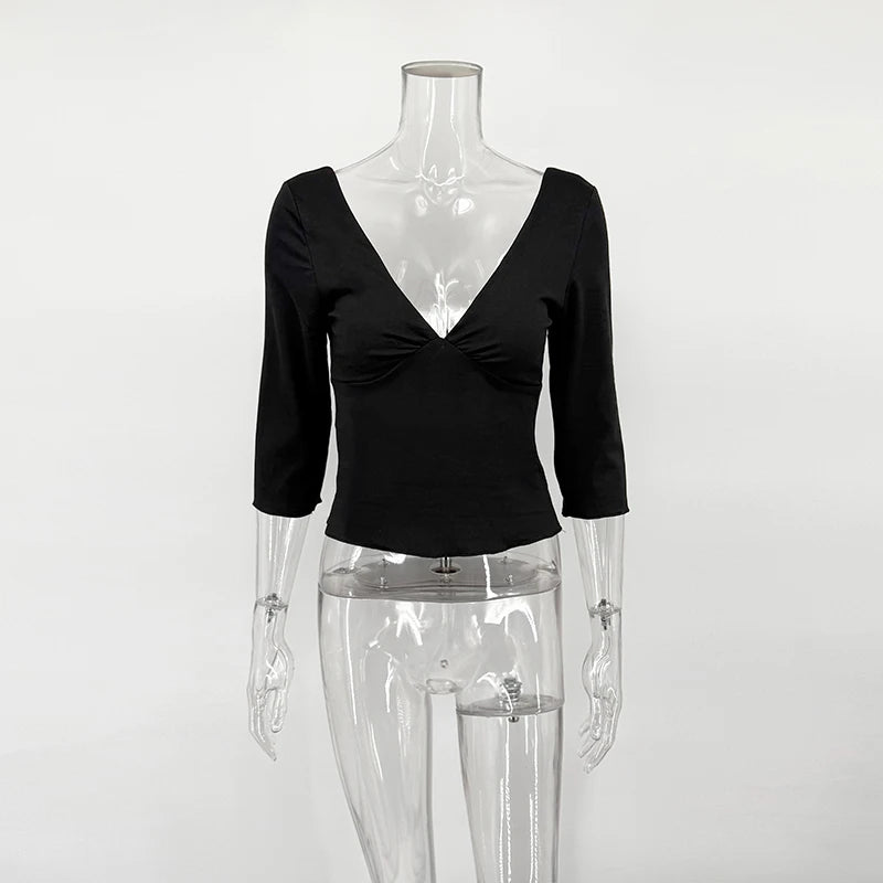 Sexy V-Neck T-shirts Women Tops Summer Long Sleeve Slit Solid Pullover.