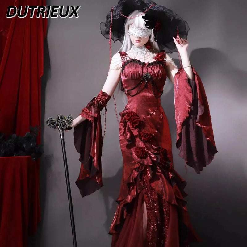 Women’s Red Rose Lolita Slimming Long Asymmetrical Fishtail Dress.