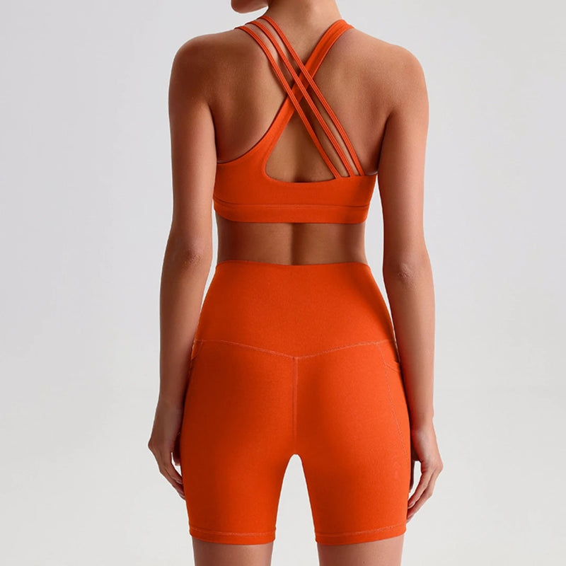 Solid Color Gym Yoga Set Short Legging Cross Back Shoulder Strap Sport Bra Tracksuit Women.