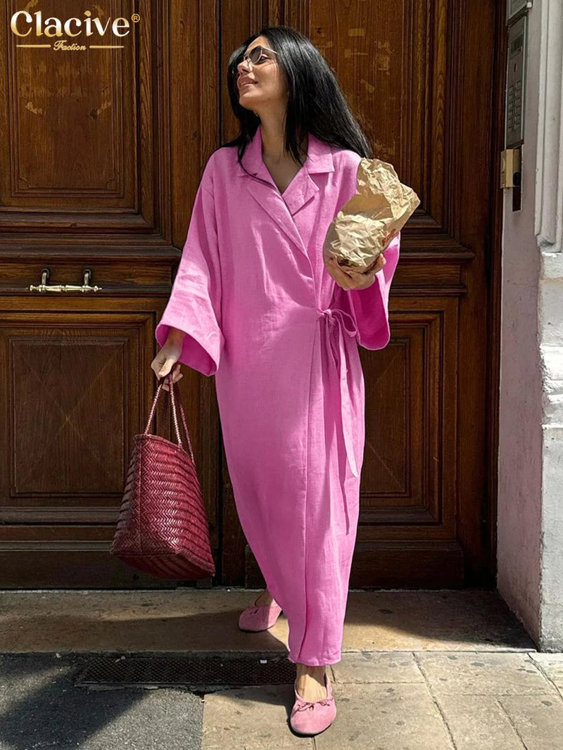 Ladies Fashion Lapel Long Sleeve Ankle Length Dress Elegant Lace-Up Dresses For Women.