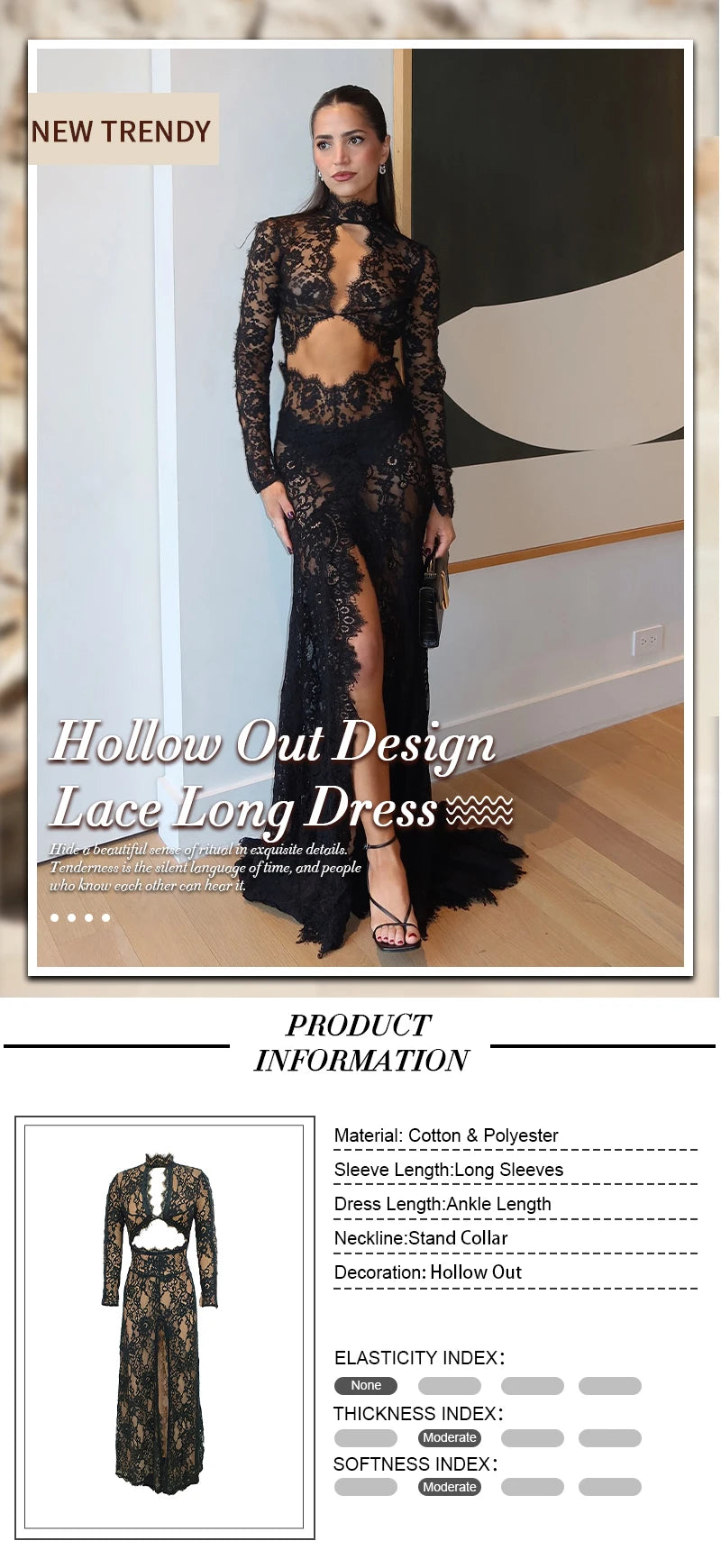 Women’s VC Black Lace Cut Out Long Dress Backless High Split.