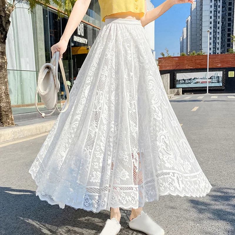 Elegant Lace Mesh Skirt for Women Lace Skirts High Waist Summer Long Skirt.
