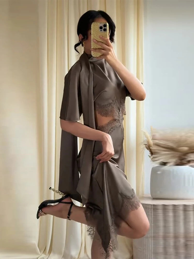 Lace Hollow Out Women Mini Dress Elegant Satin Scarf.