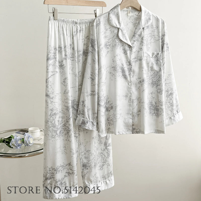 Female 2pcs Pajamas Set Sleepwear Long Sleeve Trouser Pijamas Suit.