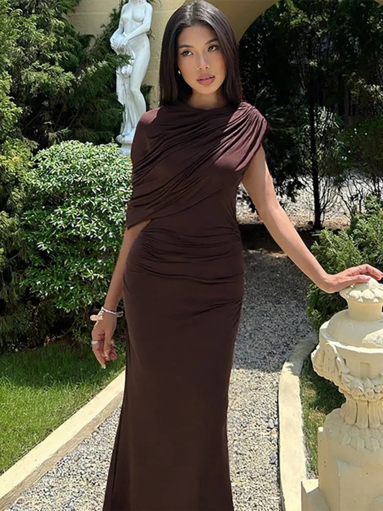 Mozision Irregular Ruched Sexy Maxi Dress For Women.